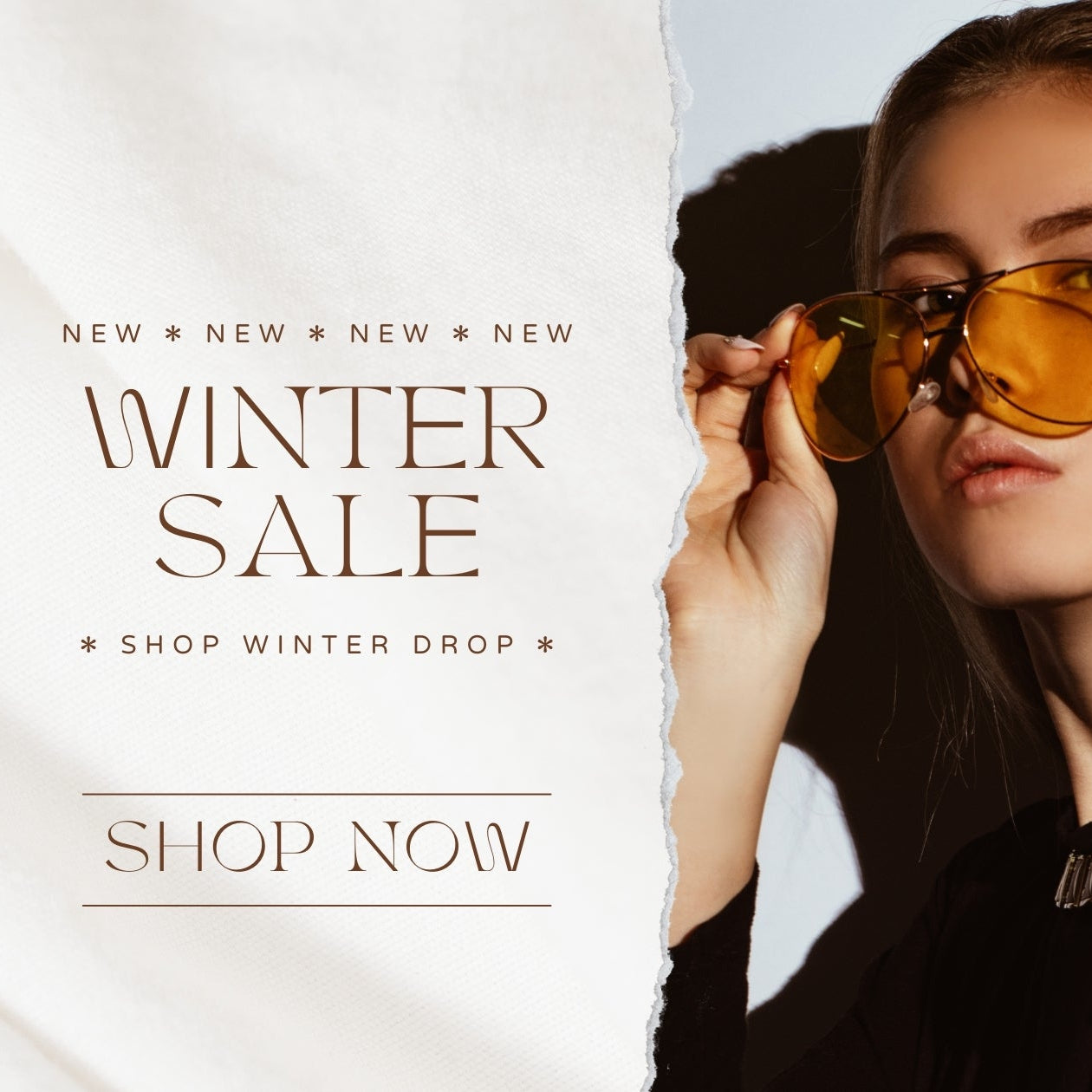 Winter sale advertisement with a woman wearing sunglasses and text overlay.